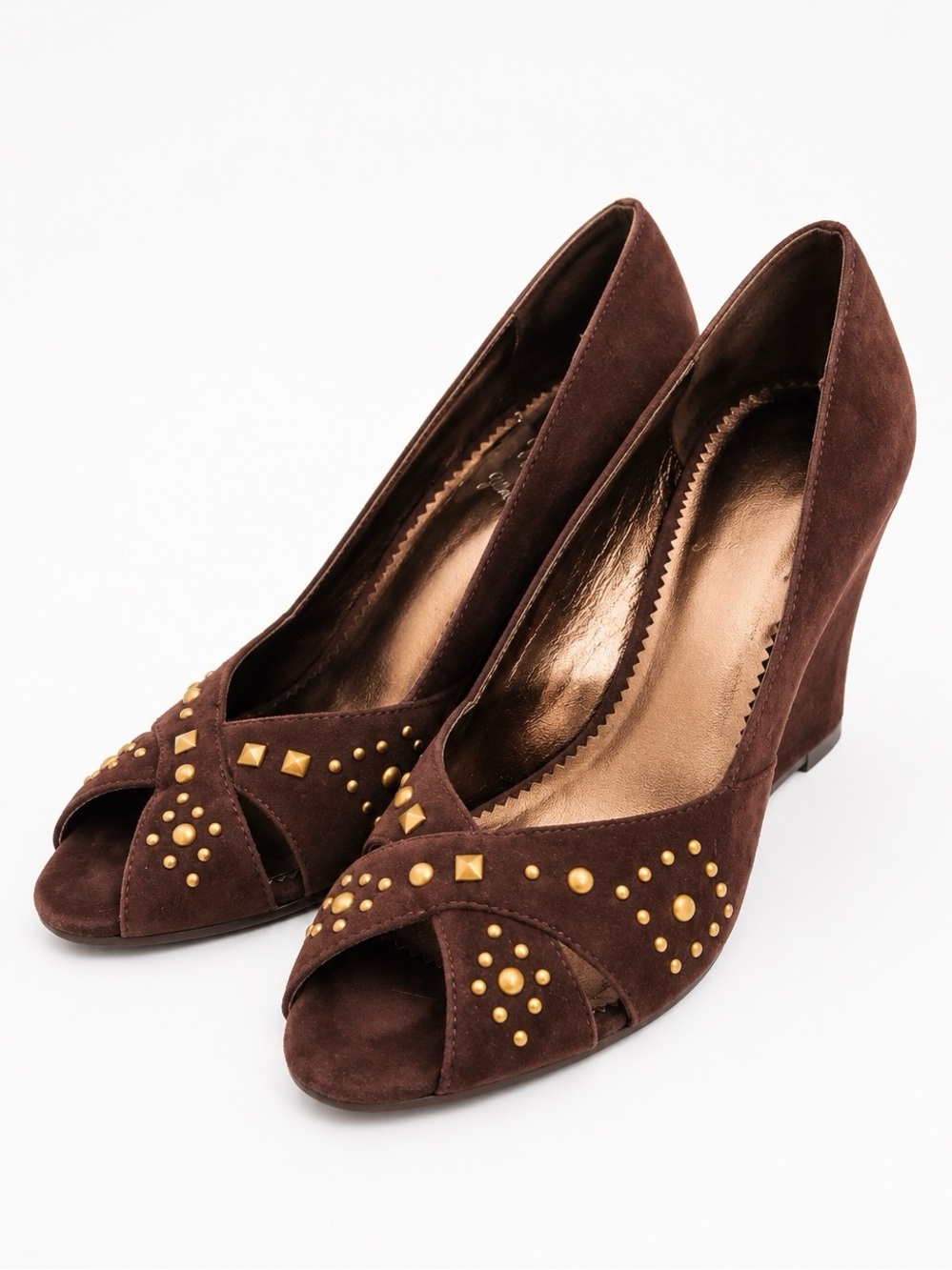 Yellow Box Azalia Brown Suede Studded Wedges, Peep Toe sz. 6
